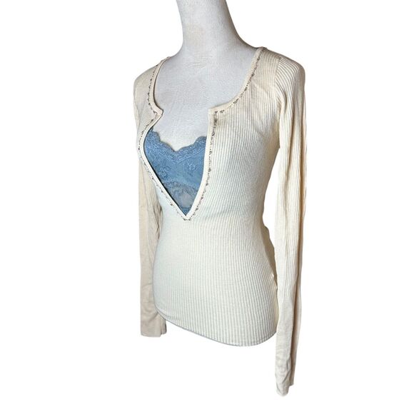 Vintage Abercrombie Wool Silk Cashmere Beaded Ribbed V-neck Sweater Y2K Retro - Picture 4 of 10